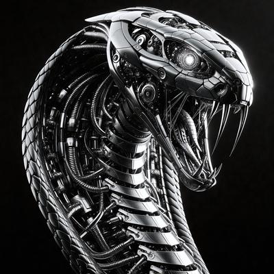 Primary subject: A silver snake with a mechanical head.

Setting/background: A dark background.

Visual style: Digital art.

Colors and mood: The snake is silver, and the overall atmosphere is futuristic and mechanical.